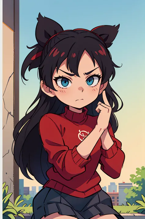 (masterpiece), best quality, expressive eyes, perfect face, 1girl, solo, rintohsaka, rin tohsaka, aqua eyes, black hair, hair ribbon, long hair, ribbon, sidelocks, two side up, black skirt, black thighhighs, long sleeves, miniskirt, pleated skirt, ((red sw...