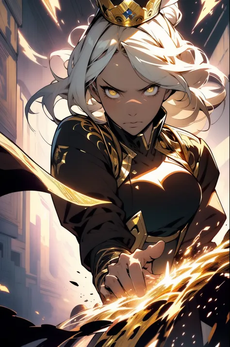 (looking at pov) highly detailed face, realistic face, (oversized clothes:1.2), miniskirt, (dark coat with ornate golden embroidery, golden embellished), (white hair, golden streaks on hair), yellow eyes, thigh strap, (neo city), (clouds), add_detail:1, ha...