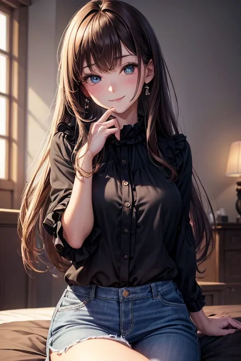 (best quality,4k,highres,masterpiece:1.2),ultra-detailed,realistic:1.37,anime style,soft lighting,romantic colors,beautiful detailed eyes,shy smile,adorable look,elegant brunette girl,slender physique,surreal background,wearing a fitted black blouse and bl...