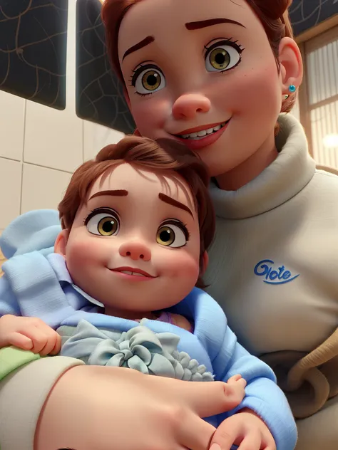 um bebe com a mae estilo disney pixar, alta qualidade, melhor qualidade