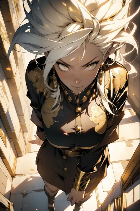 (from above) highly detailed face, realistic face, golden katana,(oversized clothes:1.2), miniskirt, (dark coat with ornate golden embroidery, golden embellished), (white hair, golden streaks on hair), yellow eyes, thigh strap, (neo city), (clouds), add_de...