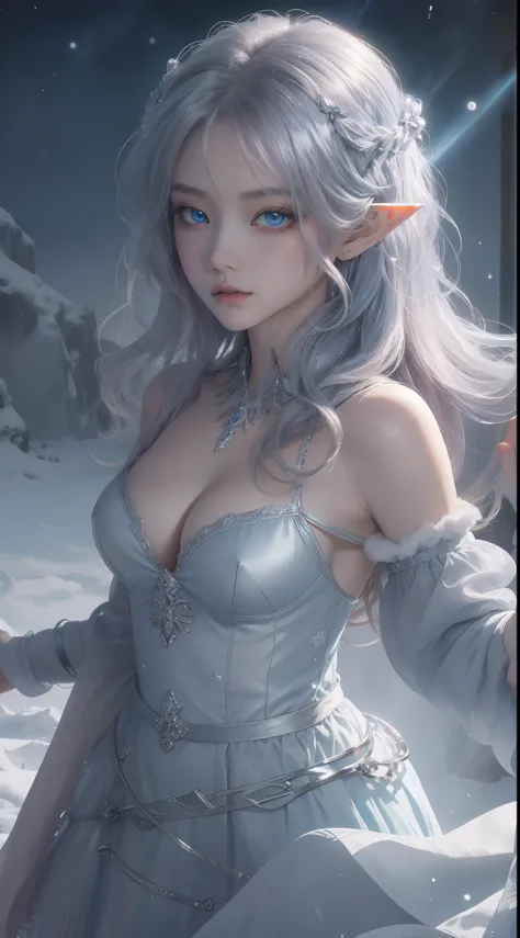 tmasterpiece，Highest image quality，Beautiful half length portrait of noble elf girl，Delicate silver hairstyle，clear sky blue eyes，Various well-made jewelry gauze skirts，snowy desert，Moonlight super detailed，advanced。At the Pixiv Art Station，Break your own ...