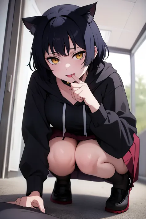 Cute girl, dark green hair, yellow eyes, short hair, cat ears, cat tail, cat collar, sexy ,beautiful eyes,Cute pause, full body,Draw hands better, dark green hair, beautiful smile,, draw the hand well, Lifting her ass, Tongue outside the mouth, bad girl,go...