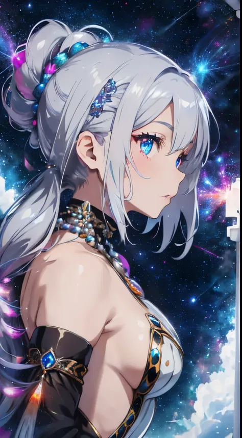 close up of face,from side view,A colorful space-like world sprinkled with stardust,magic light rain,fluffy and voluminous hair,Slightly bluish silver hair,Keep your hair tied tightly,Chignon Hair,Slightly translucent hair shines like a jewel.,large and im...