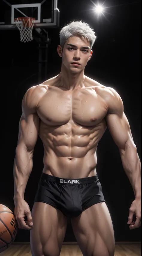 maximum resolution: 1.2), (Ultra HDTV: 1.2), 8K resolution, Eye and skin details, face details, , (Sharp focus: 1, 2), (Precise focus) facial expressions: 1,2), Boy, (White hair), (Naked), Natural skin, No hair, Perfect muscles, 8 packs, (Sweat on stomach ...