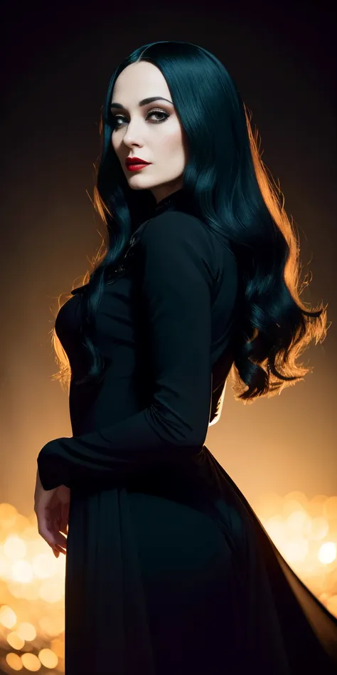 Morticia Addams, corpo inteiro, Vampiro jovem bonito com cabelo preto longo, olhos vermelho, Sorriso felino, Preto & Roupas Antigas, fantasia, Paisagem do castelo, simetrical face, symmetric eyes, Diretor de Fotografia, Cineasta, obra-prima, realista, Real...