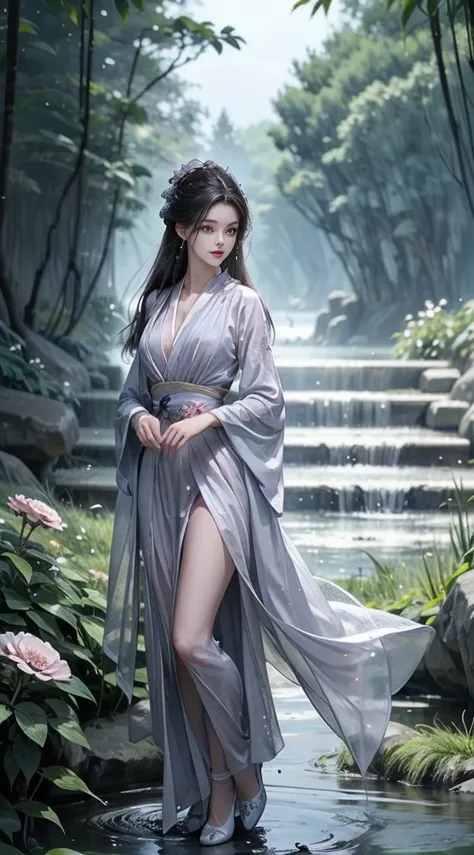 moonlight allure，a sea of flowers，quiet and peaceful。in a sea of flowers，costume girl dancing，swaying。she is wearing pink hanfu，...