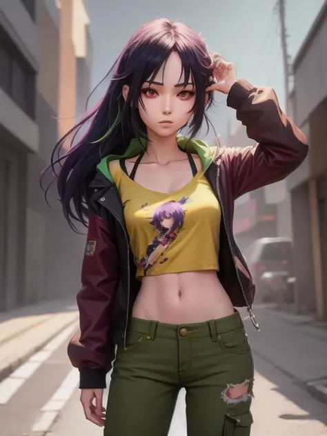 Chica anime con cabello negro, top morado y pantalones verdes., high quality anime artstyle, Obras de arte al estilo de Guweiz, Anime Moe Artstyle, Personaje de estilo anime, Anime visual de una chica linda, Estilo anime, Estilo realista de anime 3D, Perso...