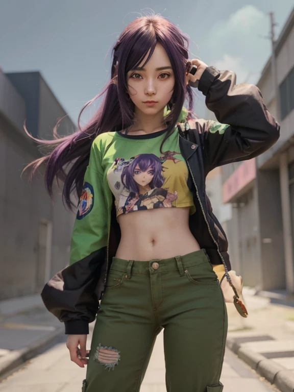 Chica anime con cabello negro, top morado y pantalones verdes., high quality anime artstyle, Obras de arte al estilo de Guweiz, Anime Moe Artstyle, Personaje de estilo anime, Anime visual de una chica linda, Estilo anime, Estilo realista de anime 3D, Perso...