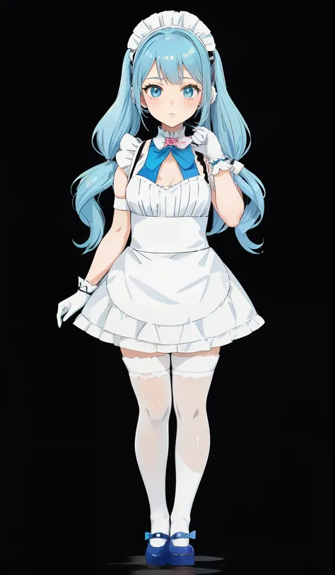 a cartoon girl in a maid outfit with blue hair and a white dress, anime girl in a maid costume, anime cat girl in a maid costume, maid outfit, anime girl named lucy, anime moe artstyle, !!full body portrait!!, twintails white_gloves, anime maids riding ear...