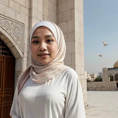 create a pictures of malay women wear hijab infront of mosque, detail white dress,long shawl, palestine flag, full size picture. background mosque, white pigeon, blue sky