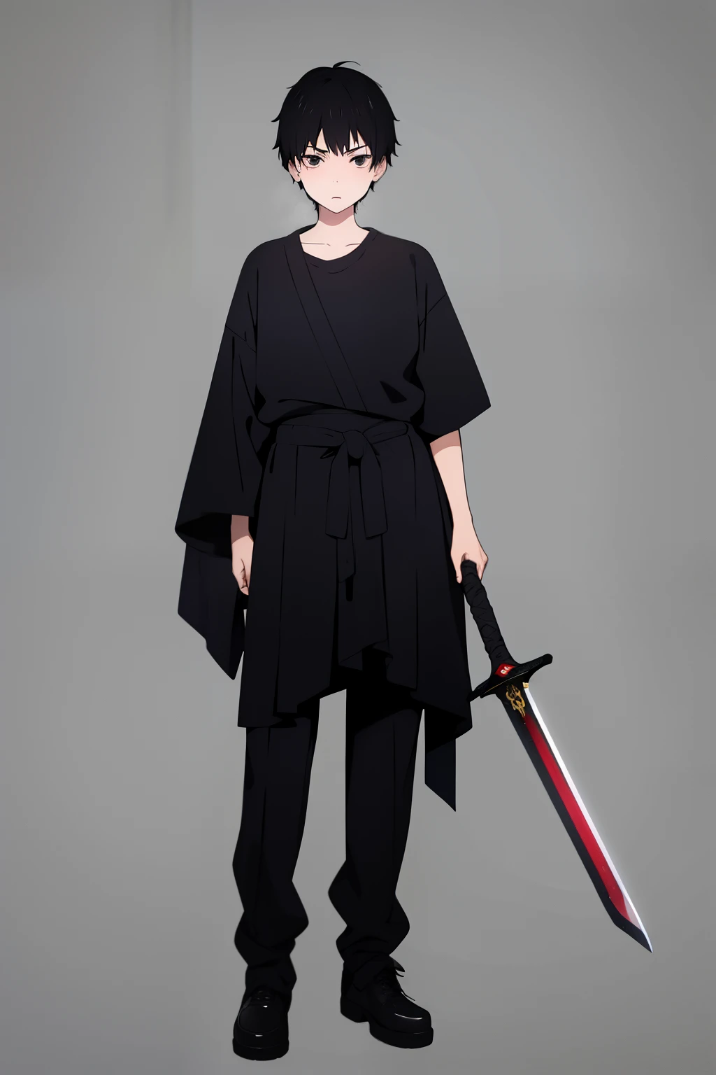 Cute boy, short black hair pulled up, black clothes, full body, sword,boy, a young boy