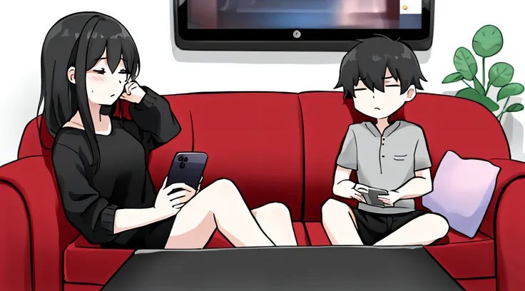 A husband and wife in a living room, sitting on a sofa, both engrossed in their mobile phones, high res, ultra sharp, 8k, master piece