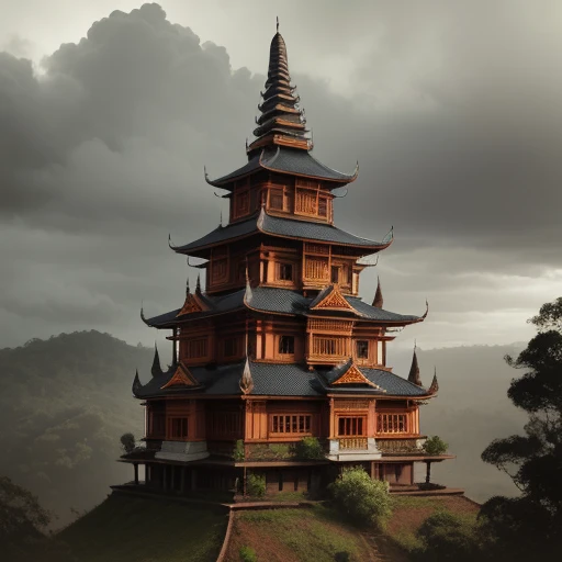 In the style of Ernie colons, a large Javanese castle, traditional Indonesian style, with many towers, colorful, its located in a forest clearing, with a dark eerily gray sky, the image is done in muted watercolors