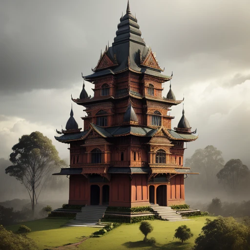 In the style of Ernie colons, a large Javanese castle, traditional Indonesian style, with many towers, colorful, its located in a forest clearing, with a dark eerily gray sky, the image is done in muted watercolors