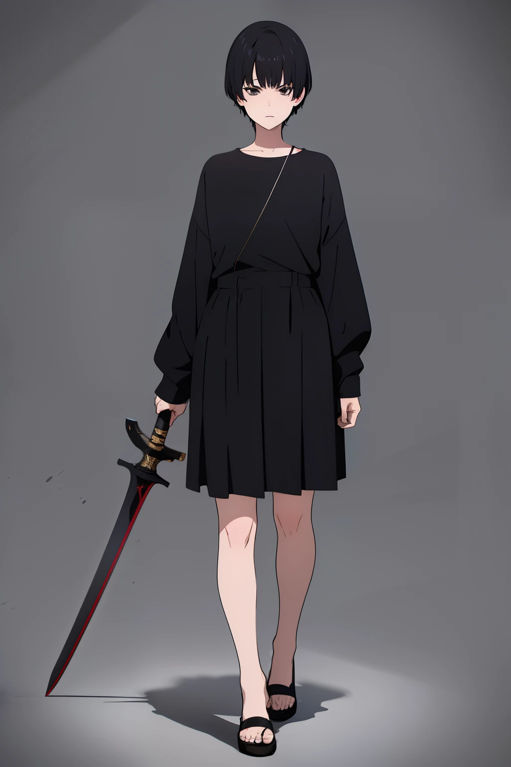 Cute boy, short black hair pulled up, black clothes, full body, sword,boy, a young boy, Bangs up, hair standing up