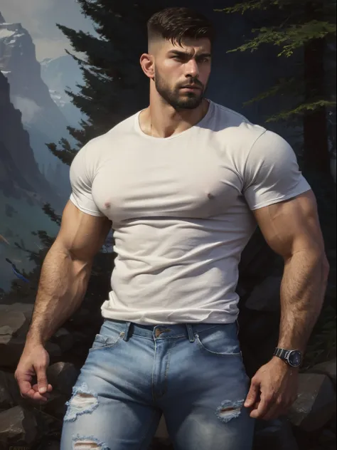 a character portrait [lean soviet soldier boy, hairy body, alpha male, huge biceps, ripped abs, blue jeans, white tee shirt, sne...