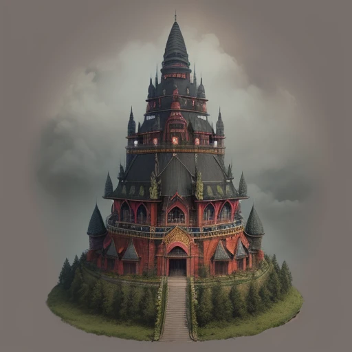 In the style of Ernie colons, a large Indonesian castle, with many towers, with a wide base, colorful, its located in a forest clearing, with a dark eerily gray sky, the image is done in pastel colors