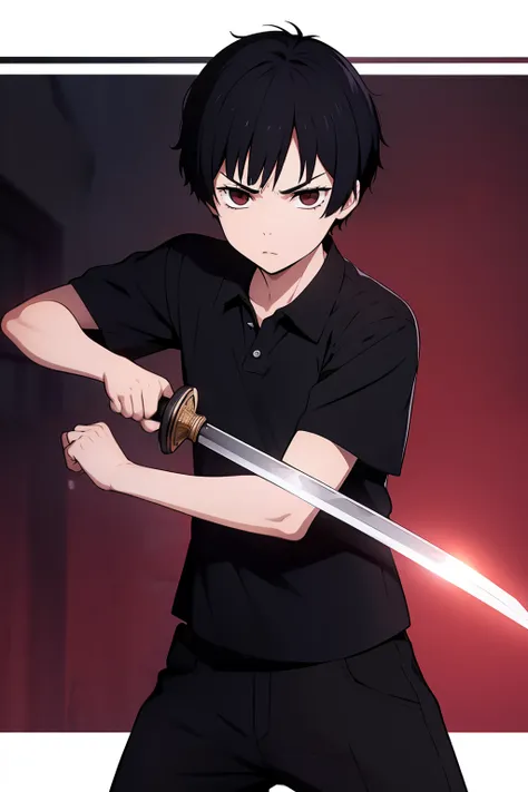 Cute boy, short black hair pulled up, black clothes, full body, sword,boy, a young boy, Bangs up, hair standing up, Combat stance, Fighting stance