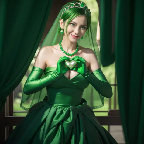 emerald tiara, Green Pearl Necklace, Boyish very short green hair, lipsticks, Japan woman smiling, very short short hair,  big breasts beautiful, Green eyes, Long green gloves made of satin material, Green eyes, Emerald Earrings, green vale, Heart with bot...