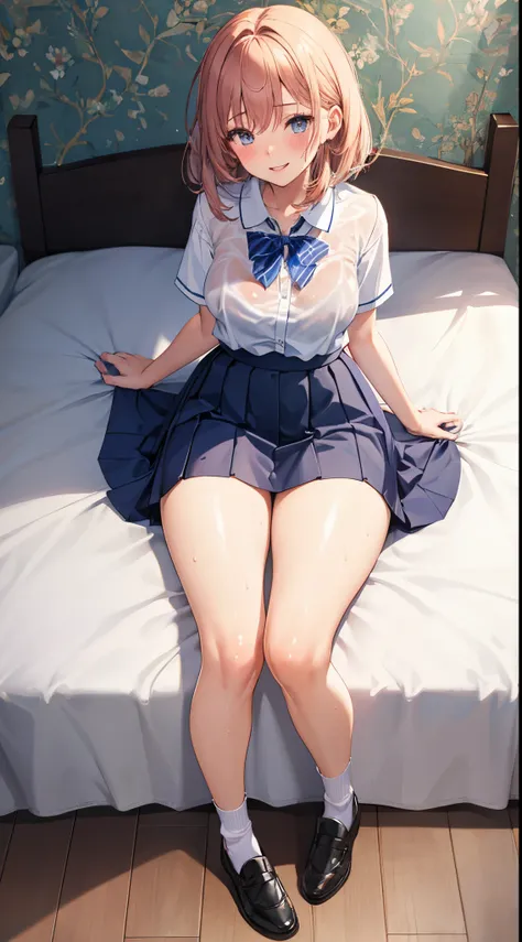 1girl in, Parted lips, blush, makeup, lightsmile, School uniform, Full body, Wide Angle, From  above, crass room, llight rays, Glow, thighs thighs thighs thighs, 鎖骨, Narrow waist, (masutepiece), Wallpaper,Wet body、Micro lingerie that can be seen even over ...