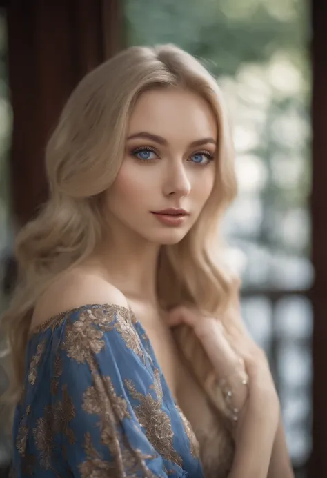 A poised and alluring woman with captivating blue eyes, resembling the ultra-realistic Sophie Mudd. Blonde girl, She wears natural makeup, exudes a sexy charm in a short dress, blonde hair color and poses in Japan setting with a prominent bust.