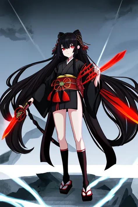 1girl,black very long hair,japanese mythology,full body,from below,holding weapon,cinematic lighting,