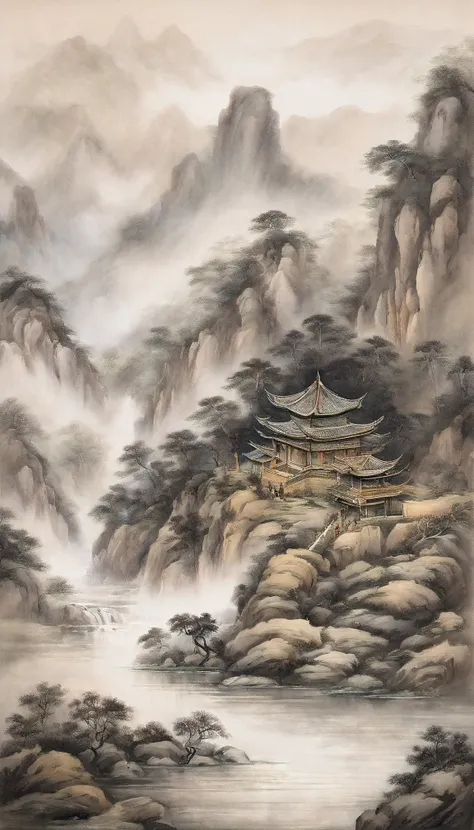 Chinese figure landscape painting，Ink painting and watercolor，larger ancient figures，The scholar，Lao Tzu，disciple，ink，Faraway view，Ultra-wide viewing angle，meticuloso，Low saturation in distant view，low-contrast，Beautifully depicted，Acura，Works of masters，t...