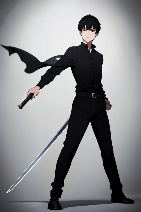 Cute boy, short black hair pulled up, black clothes, full body, sword,boy, a young boy, Bangs up, hair standing up, Combat stance, Fighting stance, Hand drawing is better