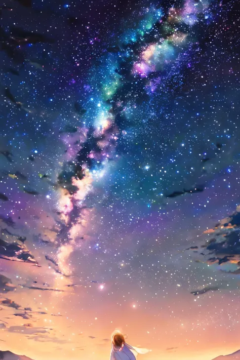 watercolor paiting、masuter piece、light colors、up looking_away、night、look up to:1.5、sky at night、milkyway、countless stars々、1 girl...