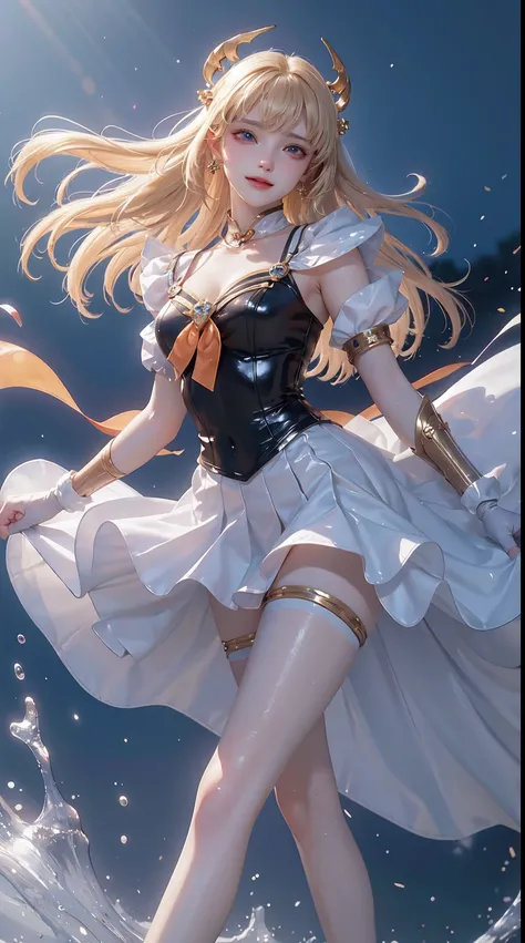 tmasterpiece, top-quality, A high resolution, SV1, Sailor warrior uniform, one blonde, orangeskirt, Wear gloves on elbows,Elbow woods, tiao, Orange sailor collar, sailorvenus, orange collar, whitegloves, jewely,A smile, Minako Aino,, Skirt cracked, Permane...