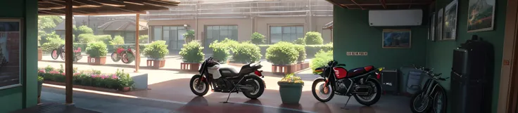 motorcycles parked in a row in a green room with a long table, green terrace, one motorbike in center of frame, wide-angle shot, wide - angle shot, very wide angle view, wide-angle view, wide - angle view, wide long view, extremely wide angle shot, patio, ...