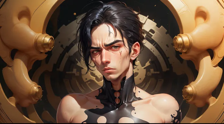 Jet black hair, inky, upturned eyes, pouty mouth, alabaster skin. Evil man