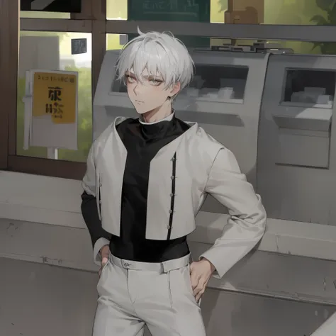 Masterpiece, high quality, best quality, ultra detailed, 1boy, black empty eyes, white hair, spiked hair, parted bangs, short hair, black turtleneck, white jacket, white pants, upper body, cowboy shot, expressionless, looking another, hands in pockets