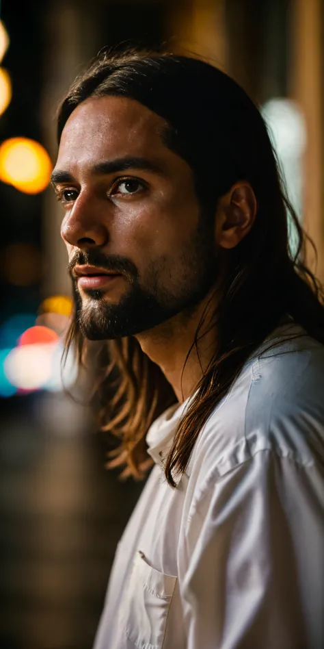 portrait of modern day Jesus, cinematic lighting, depth of field, bokeh, realism, photorealistic, hyperrealism, professional photography, uhd, dslr, hdr