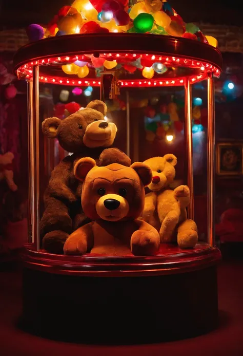 The creepy animatronic bear is posing at a claw machine, surrounded by stuffed animals and flashing lights, with a mischievous glint in its eye.,Five Nights at Freddys,freddy fazbear