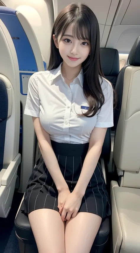 top-quality, ​masterpiece, 8K, 超A high resolution, (Photorealsitic:1.4), 1girl in、美丽的面容、symmetrical eye、Colossal tits、Perfect body proportion、Stewardess uniform、Look at viewers、(Inside the plane:1.2)、front-facing view、Shoulder、Absolute area(1.3)、Korean Ido...