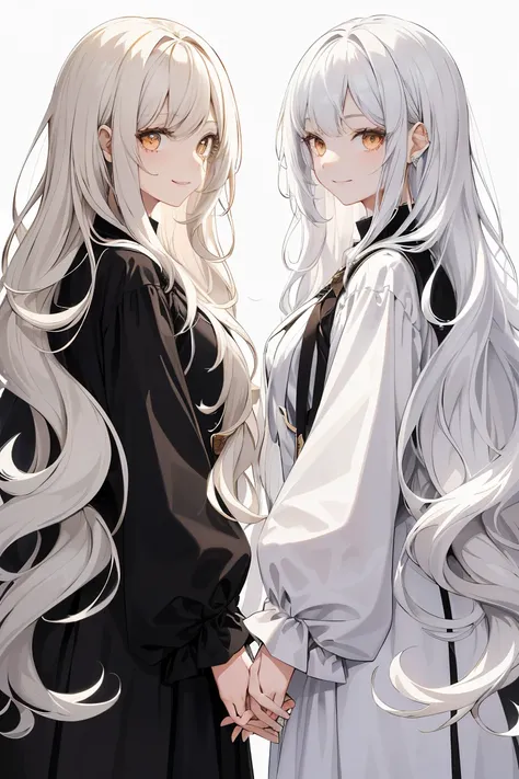 1womanl, ((Long wavy hair)), ((Half of her hair is white、The other half is black、Divided into 2 colors)), swept bangs, ((Golden Eyes)), Smile, Modern clothes、((overlooks))