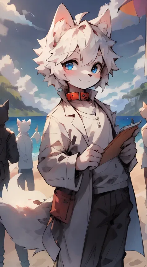 （16 years old boy）beautiful and detailed portrait of a，white color hair, 16k，are standing，sideways standing，Turn your head slightly towards the audience，Notepad in hand，Blue pupils，white wolf big ears，White Wolf Tail（White color blouse，Black  shorts，Black ...