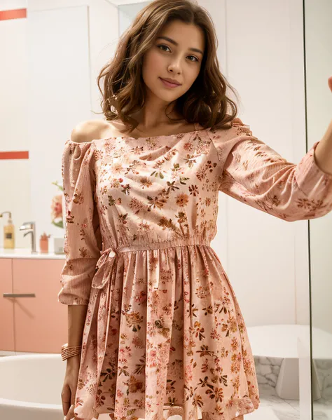 Araffe woman in a red dress taking a selfie in a bathroom, vestido floral rojo, con un vestido largo y florido, wearing pink floral chiton, con un vestido rosa, usando un vestido, Vestir, vestida con un vestido de flores, Llevar un vestido de verano, con v...