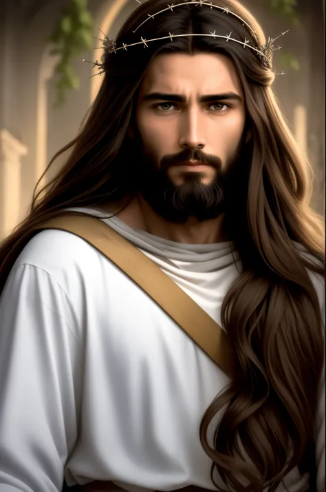 "Please create a realistic portrait of Jesus, representing him as a simple and humble man. Highlight the calm and compassionate expression on your face, with serene eyes and a soft smile. Be sure to faithfully portray Jesus signature facial features, such ...