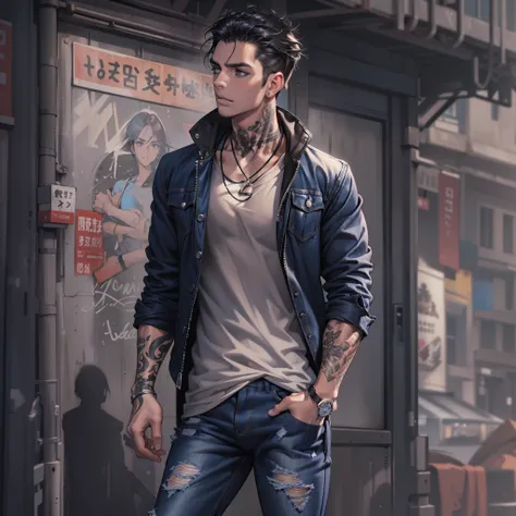 (masterpiece, best quality, high quality, highres: 1.4), detailed, extremely detailed, ultra detail, male, 1male, slim, athletic, rugged face, short black hair, smooth skin, muscle, (((chestwear: t-shirt, bottomwear: jeans, footwear: boots))), tattoos, arm...