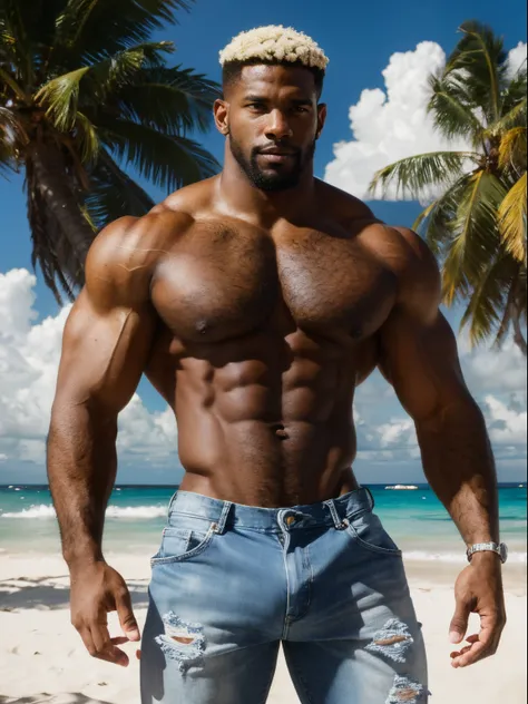 A muscular black man on vacation, hairy body, alpha male, huge biceps, ripped abs, shaggy hair, jeans, caribbean sunny morning, white sand beach, snuggle together, threesome, smile, 4k, high detailed, beautiful, dark age, art by Stanley artgerm, by Daniel ...