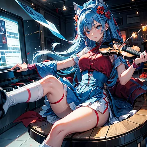 teens girl、blue hairs、head and red flower hair ornament、breastsout、Light blue dress（slit）、thigh、Black knee-high socks、red and blue flowers on the waist、Wolfs tail、playing the ice violin、circular piano keyboard、Ice Effect、raise leg、View here、ice underfoot、