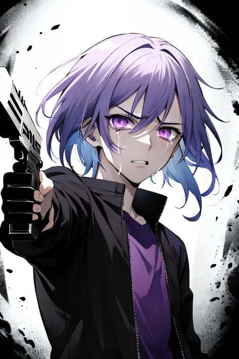 An anime ((young adult male)) with (short messy white hair) and (purple eyes) ((pointing a gun at the viewer)) with an (angry crying expression) in a ((horrific dark atmosphere)) in manga-style