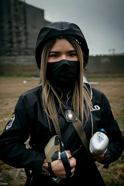 rivers has a black and gray combat soldier suit and has a white cap the weather is cloudy and it wants to rain she is in a field there are also several dead soldiers next to her and one of her hands is holding a grenade she is happy que tenga un traje de s...