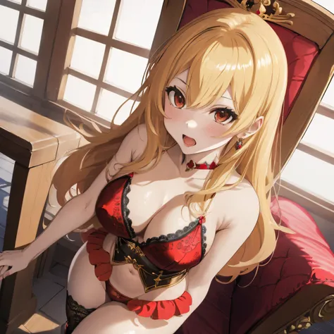 royal hall,Royal style,A bright space with lots of light,a throne,Kings Chair,Several knights are standing,fluffy hair,bright golden hair,Chignonhair,,Her chest is wide open and you can see her cleavage,Underwear with plenty of lace.,Passionate red underwe...