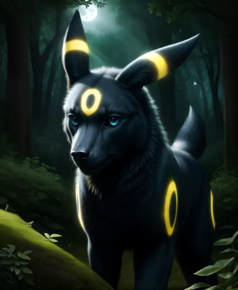 (realistic,photorealistic:1.37),masterpiece, umbreon feral, looking at viewer, sharp blue eyes, full body, lush green forest bac...