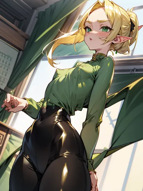 Flat chest, loli, blonde hair, big green eyes, low ponytail, parted bangs, (shiny skin:1), classroom, tight clothes, wide hips, half body, short shorts, (masterpiece:1), (abundant detail:1), arched back, elf ears, nipple sticking out through the fabric