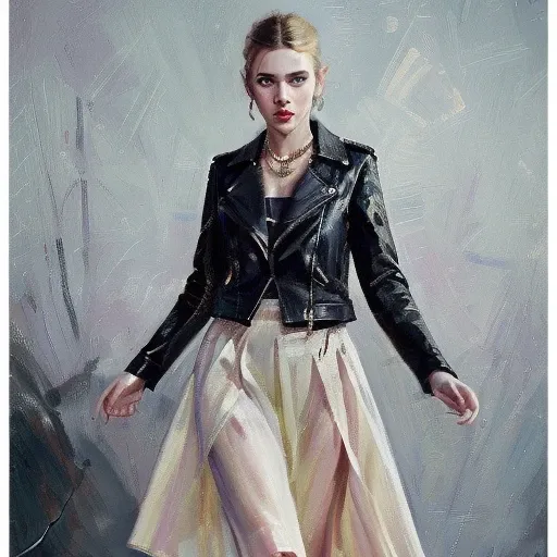 fashion model, fashion poster, vogue, night scene, street, ((flash light)), gauze skirt, black skirt, short skirt, leather jacke...